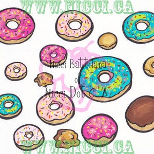 May include: A selection of hand-drawn donuts in shades of pink, blue, and brown, decorated with colourful sprinkles. The image includes the text "Nicci Battilana of Nicci Dot CA" and "www.nicci.ca" in green.