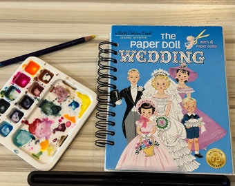 LITTLE GOLDEN BOOK ~ The Paper Doll Wedding ~ 94 page Mixed Media junk / art journal ~ spiral bound