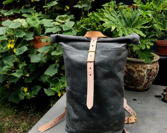 gray waxed rolltop rucksack