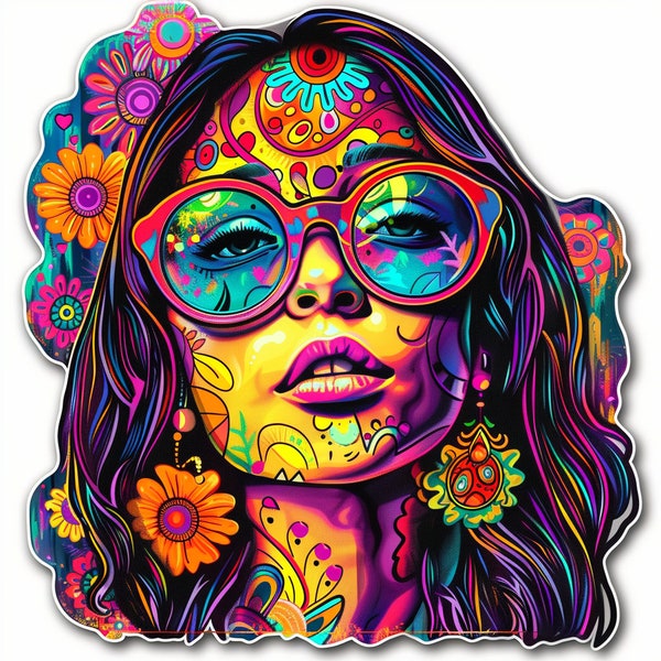 Colorful Hippy Girl Sticker, Boho Chic, Psychedelic Design, Vibrant Decal, Retro Style, Groovy Aesthetic, Laptop Decoration, Unique Gift