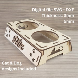 Soporte para cuencos para mascotas personalizado Archivo SVG - DXF - Archivo digital personalizable para estación de alimentación de perros y gatos para corte por láser - Tamaño pequeño (3 pulgadas de alto)