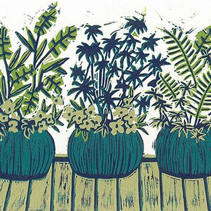 Turquoise plant pots linoprint with tropical plants. Colorful eclectic reduction linoprint for your bohemian gallery wall. Housewarming gift