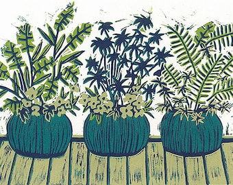 Turquoise plant pots linoprint with tropical plants. Colorful eclectic reduction linoprint for your bohemian gallery wall. Housewarming gift