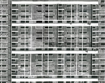 Singapore building linoprint, mid century architecture linocut print. Retro style brutalist building, black & white linoleum block print.