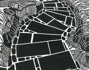 Winding path, Japanese garden linoprint, modern Asian style linocut. Graphic black & white gallery wall block print. Zen style linocut print