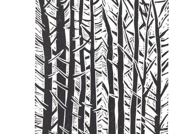 Linocut Print - 9 1/2" x 13" Block Print - TREES & STONE WALL - Black and White Japanese Style Art - Linoleum Block Print