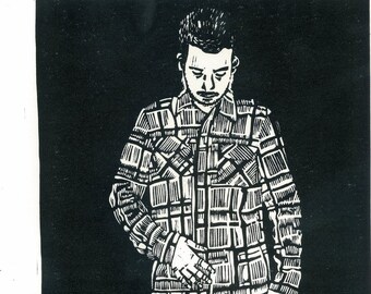 LINOBLOCK PRINT - Black and White Portrait Linocut Print - Block Print STEVE - 13x20 Lino Print - Last Print Available