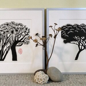 Dragon trees linoprint, Mediterranean style linocut. Striking black & white block print for your personal art collection. Plant lover gift image 3