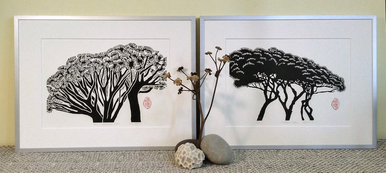 Dragon trees linoprint, Mediterranean style linocut. Striking black & white block print for your personal art collection. Plant lover gift image 3