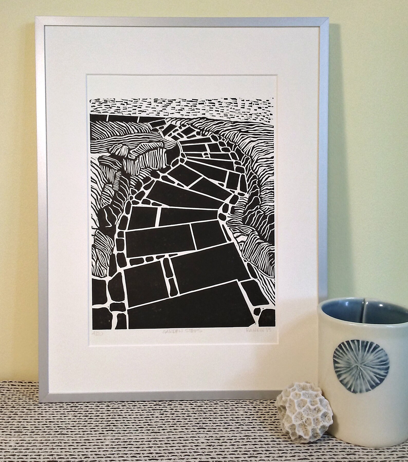 Linocut Print JAPANESE GARDEN STEPS 9x13 Garden Landscape Etsy