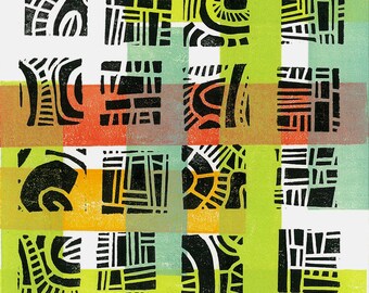 LINOBLOCK PRINT - Mod Pattern 7 - Mid Century Modern Linoleum Block Print 6"x6"