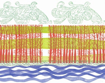 LINO PRINT - Double Red Forest - OOAK Relief Print 20x26 - Ready to Ship