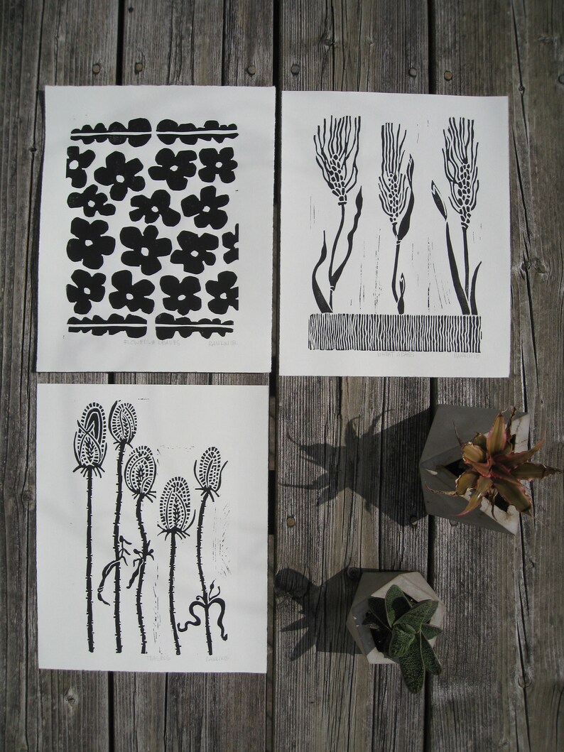Linocut Print WHEAT GRASS Botanical Print Black & White Etsy