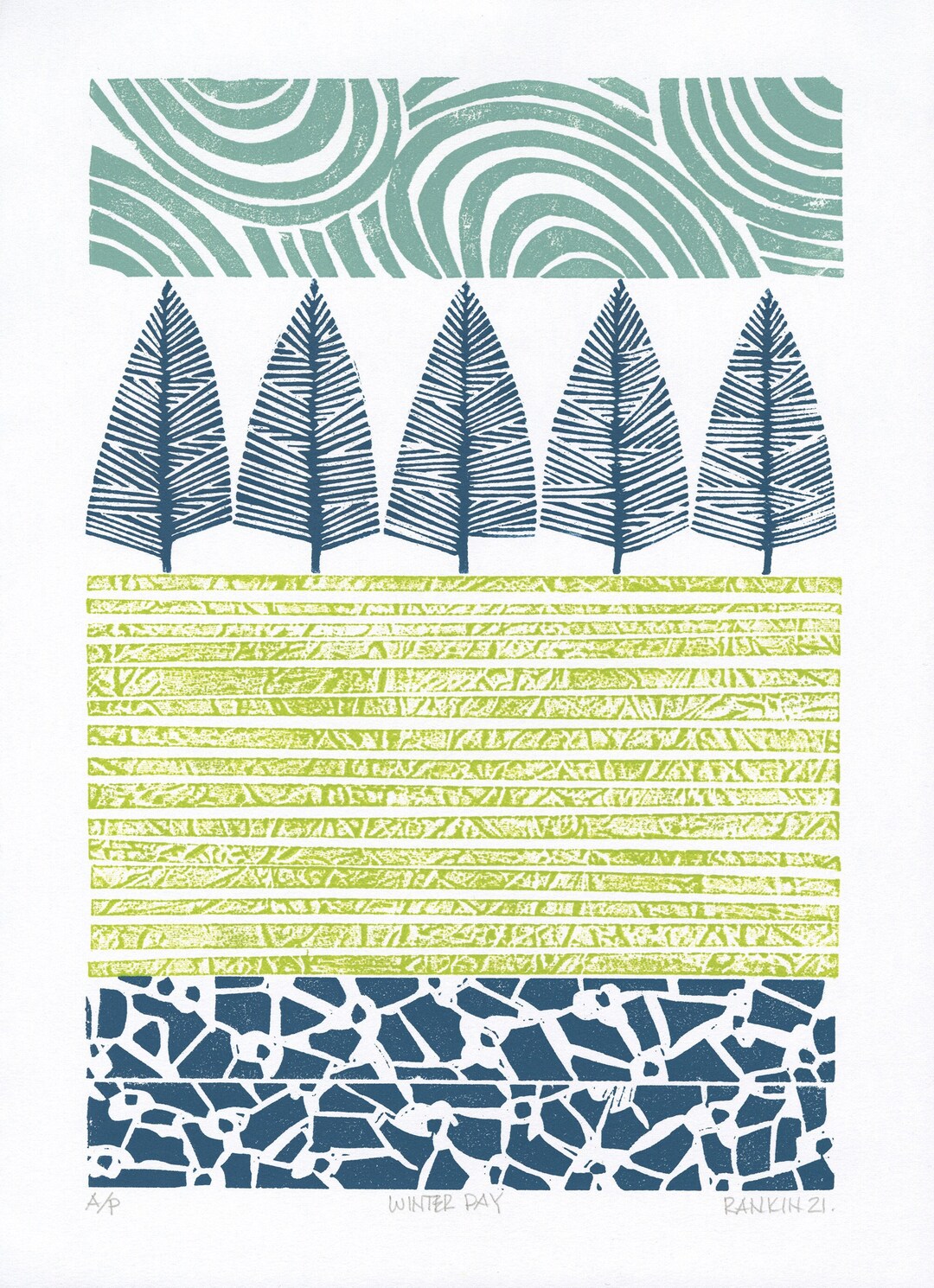 Winter Collagraph Frosty Winter Day Collagraph Linoprint Winter Scene Linocut - Etsy