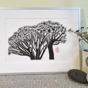 Dragon trees linoprint, Mediterranean style linocut. Striking black & white block print for your personal art collection. Plant lover gift image 2