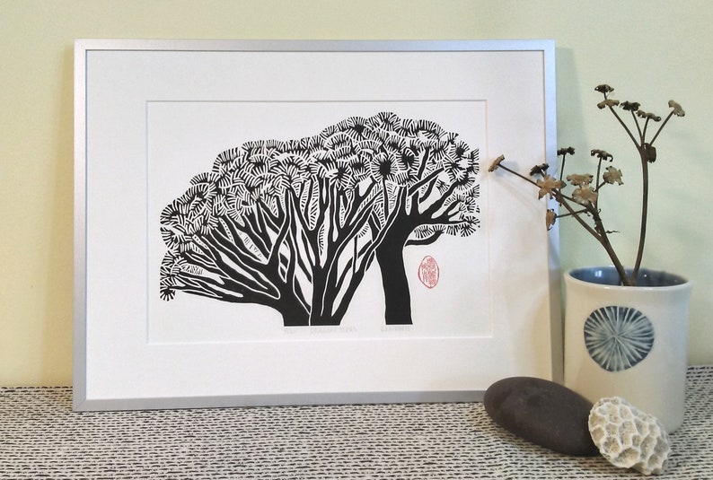 Dragon trees linoprint, Mediterranean style linocut. Striking black & white block print for your personal art collection. Plant lover gift image 2