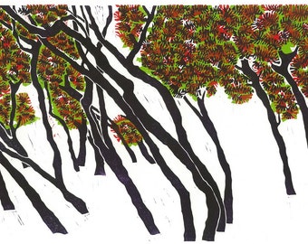 Linoleum Block Print - LEANING PINES - Italian Landscape Print - 13x19 Print - Ready to Ship