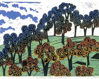 Linocut Print - EIGHTEEN TREES on the HILL - Landscape Art 13x9 - Ready to Ship