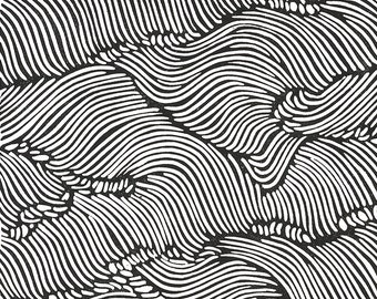 ROLLING WAVES - Black & White Japanese Inspired Linocut Print