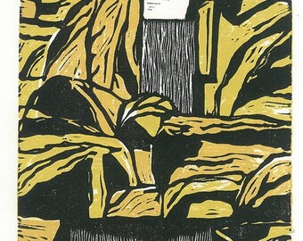 ROCK and WATERFALLS - Linocut Print - Rocky Landscape Print 6x9 - Ready to Ship
