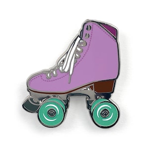 Amethyst roller skate pin with glow in the dark wheels