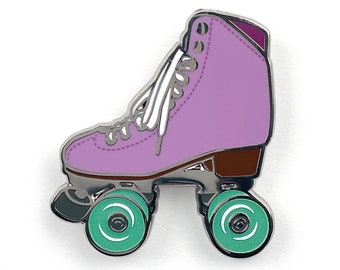 Amethyst roller skate pin with glow in the dark wheels