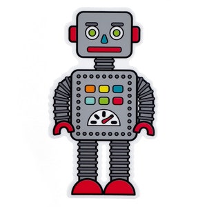May include: A gray robot-shaped sticker with red accents. The robot has a square head, round eyes, and a red mouth. The body features colorful squares and a gauge. The arms are gray, and the feet are red.