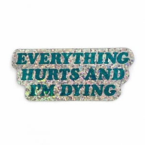 Könnte beinhalten: Ein silberner Glitzeraufkleber mit dem Text "EVERYTHING HURTS AND I'M DYING" in türkisfarbener Schrift.