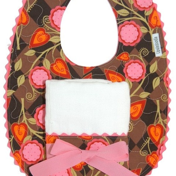 SALE - Brown Hearts and Vines Baby Bib and Burp Cloth Set