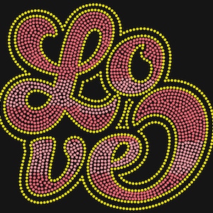 May include: A graphic design on a black background features the word "Love" in a stylized script. The word is composed of pink dots outlined with yellow dots, creating a textured effect.