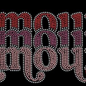 May include: A rhinestone design of the word "amour" in pink, red, and purple. The word is in a stylized font and includes a small red heart.