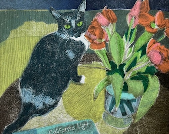 Cat and Tulips Original Art Print Color Linocut Portrait Drypoint Belinda Del Pesco