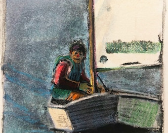 Original Miniature Monotype Print Sailing Opti Youth Sailor Art Belinda Del Pesco