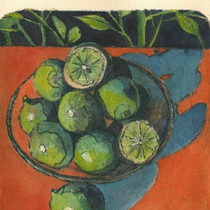 Original Kitchen Art Print Still Life Bowl of Limes Miniature Intaglio Belinda Del Pesco zdjęcie 1