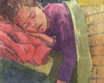 Original Color Monotype Miniature Portrait Print Sleeping Child Pendulum Dream Belinda Del Pesco