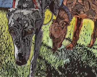 Original Framed Linocut Print Greyhound Dogs Got Any More Cookies Belinda Del Pesco