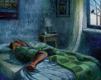Framed Drypoint & Watercolor Print - Sleeping Figure, Rome Art by Belinda Del Pesco