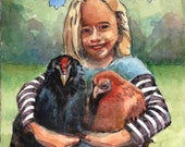 Little Girl with Hens Original Dry Point Etching Print Hand Painted with Watercolor - unframed - Chicken Art - Belinda Del Pesco