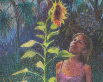 Woman Gazing at a Sunflower Original Collagraph Art Print Belinda Del Pesco