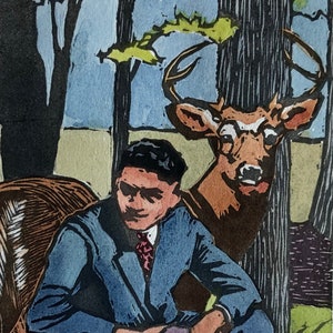 Original Color Linocut Vintage Man with Deer Stag in the Trees Belinda Del Pesco image 1