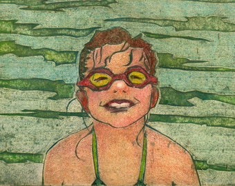 Girl Swimmer in Goggles Original Color Collagraph Print Art Belinda Del Pesco