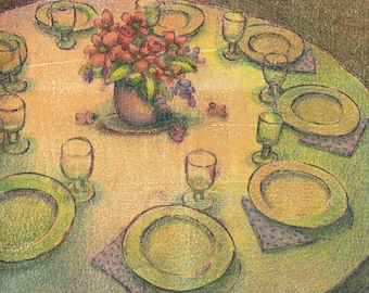 Dinner for Nine - Original Color Monoprint - Printmaking Art - Culinary Print - Belinda Del Pesco