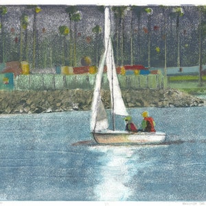 Original Art Color Monotype Print Sailboat Belinda Del Pesco image 1