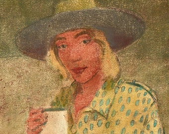 Original Art Color Monotype Print Portrait of a Woman in a Hat with Tea Belinda Del Pesco