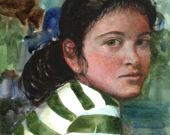 Original Watercolor Portrait Art of a Girl in Stripes Belinda Del Pesco