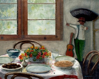 Framed Watercolor Painting: Mariachi Man, Dessert Still Life