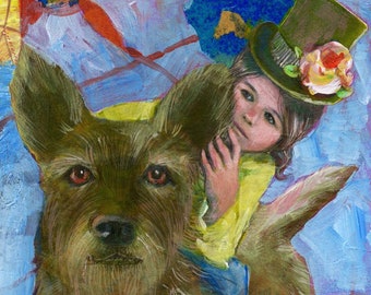 Original Mixed Media Collage Art Dog and Girl Travel Fantasy Portrait with Maps Belinda Del Pesco