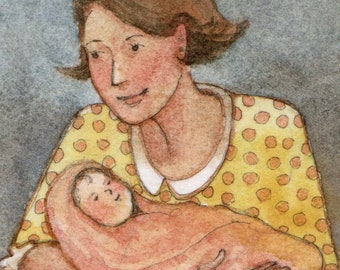 Brand New Baby Original Watercolor Illustration Mother and Baby Miniature Art Belinda Del Pesco