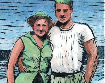 1940’s Couple - On the Beach - In Service - Linocut Art - Print Belinda Del Pesco