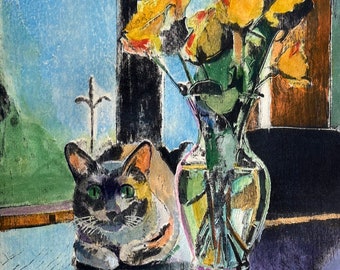 Cat with Flowers - Still Life - Wood Lithography - Mokulito with Watercolor Monotype - Original Print - Belinda Del Pesco